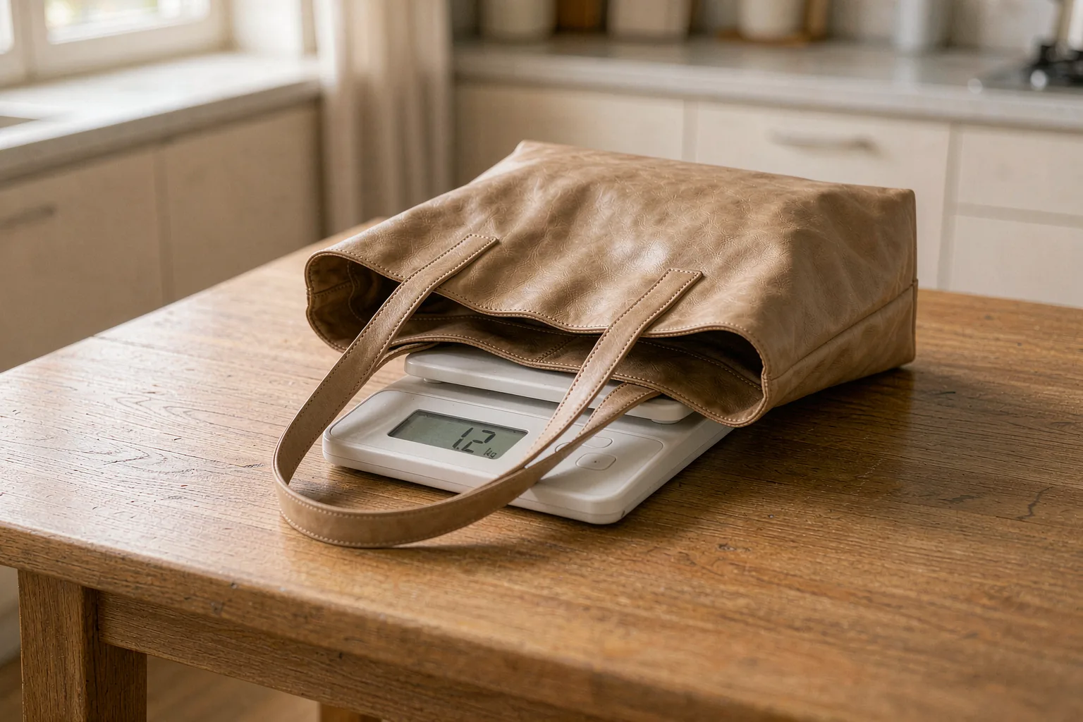 An empty leather tote bag on a kitchen scale weighing about 1.2 kilograms