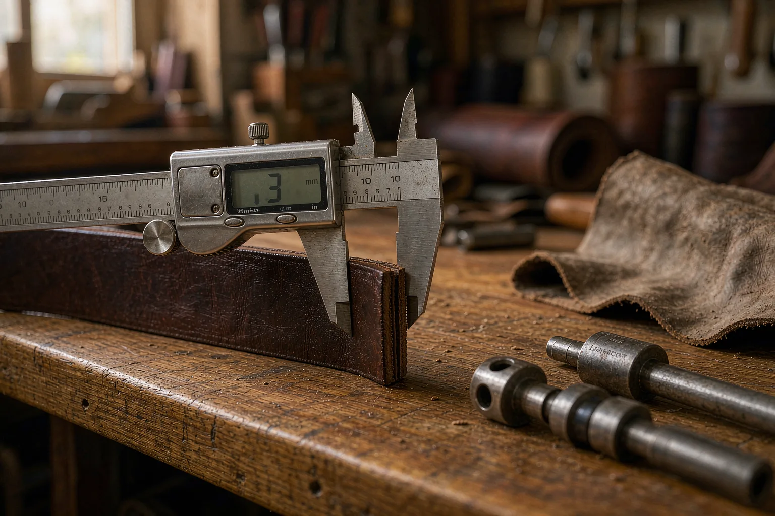 A digital caliper measuring a vegetable-tanned leather belt strap at 4 millimeters