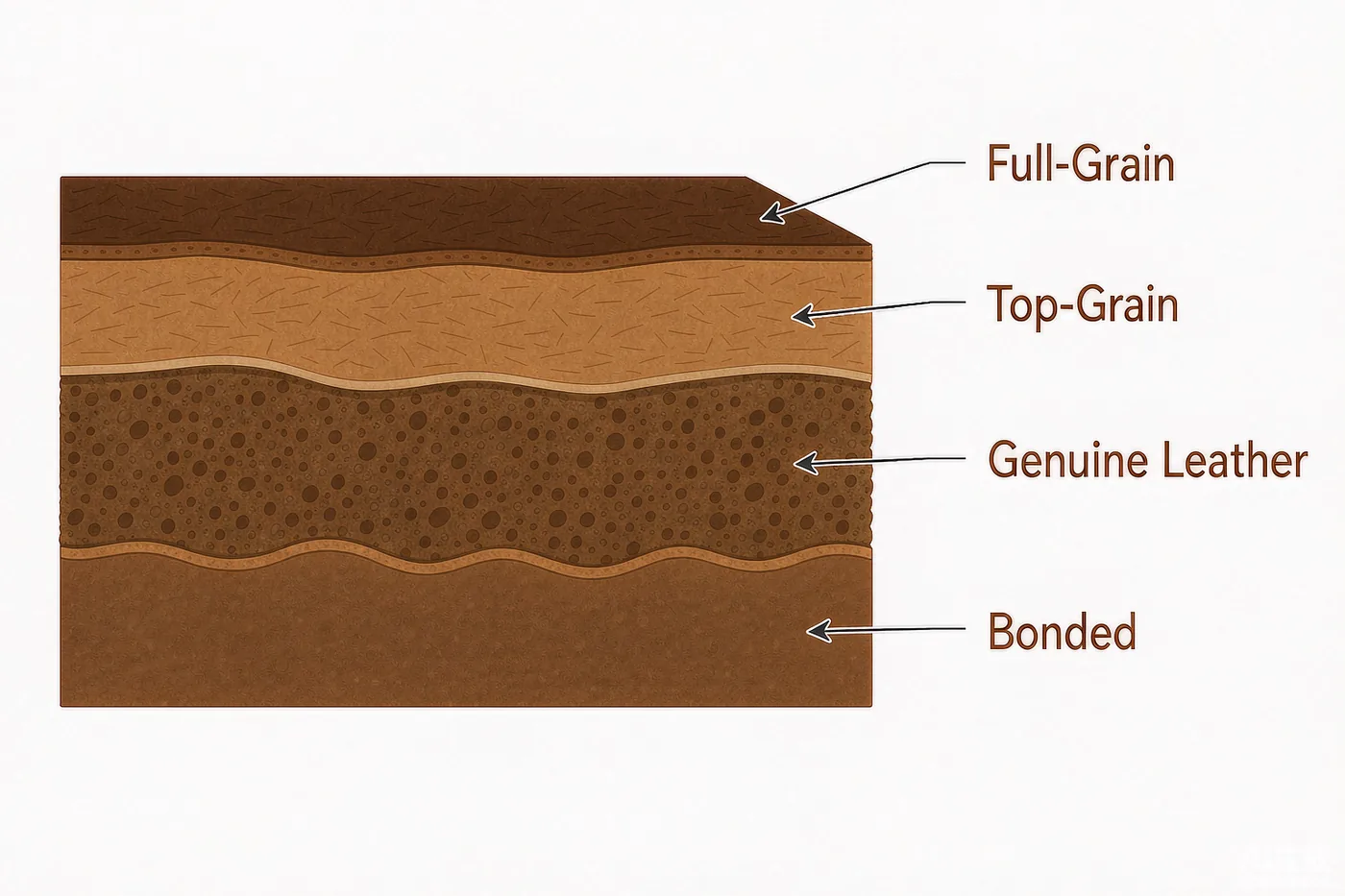 Cross-section diagram of leather showing full-grain, top-grain, genuine leather, and bonded layers