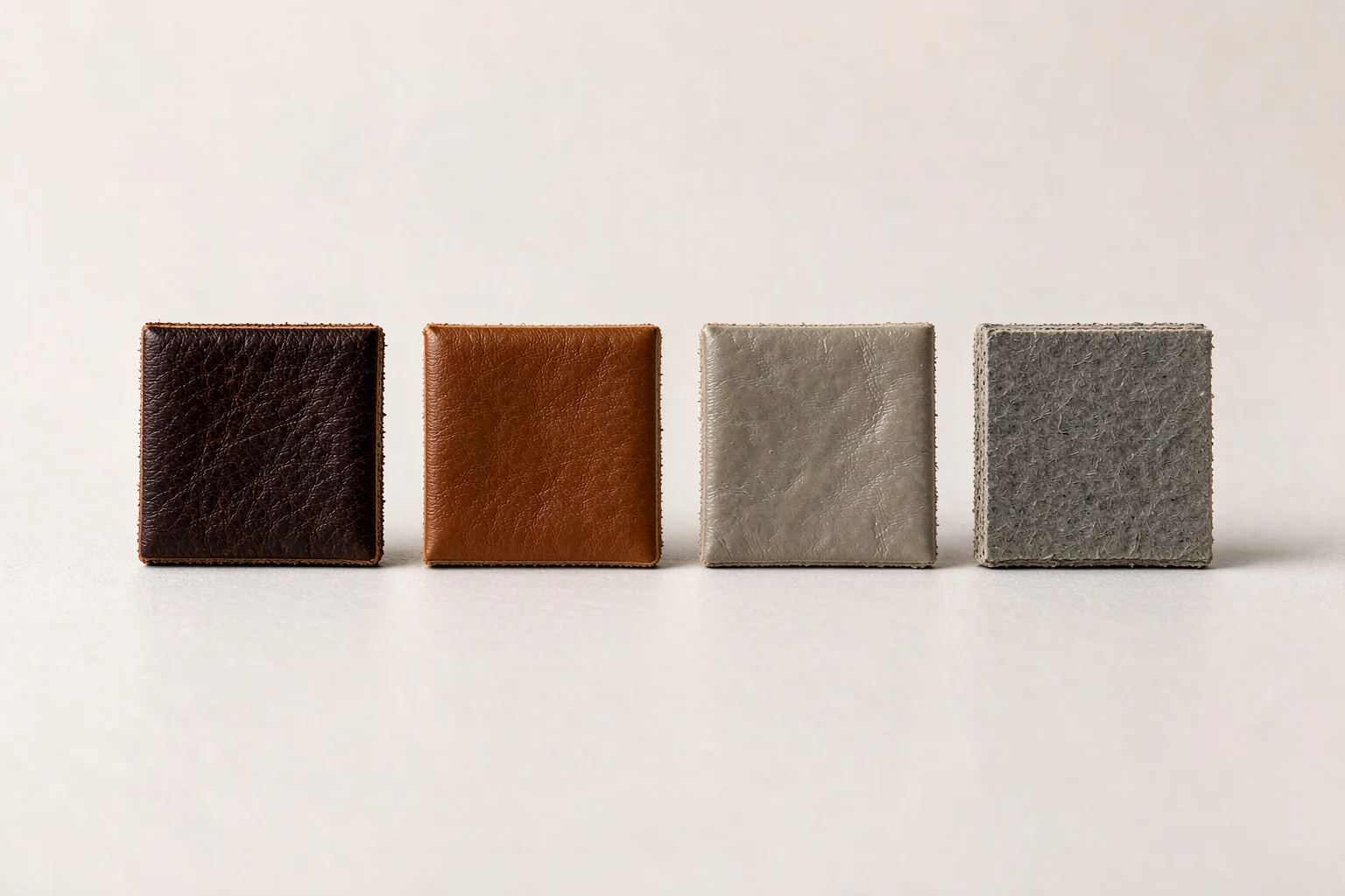 Four leather swatches side by side showing the surface texture of full-grain, top-grain, genuine leather, and bonded leather