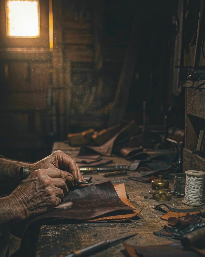 A craftsman burnishing a leather edge at the Zhosie workbench
